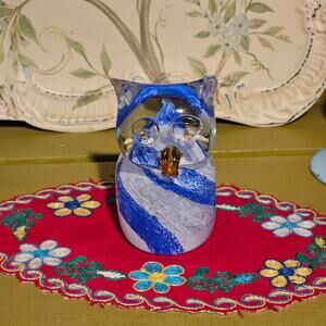 Handcrafted Art Glass Hoot Owl Figurine Paperweight Blue and White Swirl Design